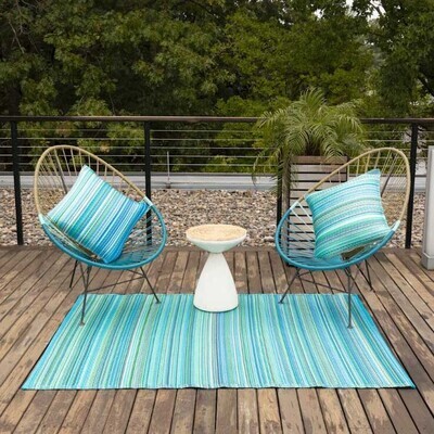 binnen &amp; buiten vloerkleed - gestreept patroon in Ibiza blauw tinten - tropical turquoise -  balkonkleed