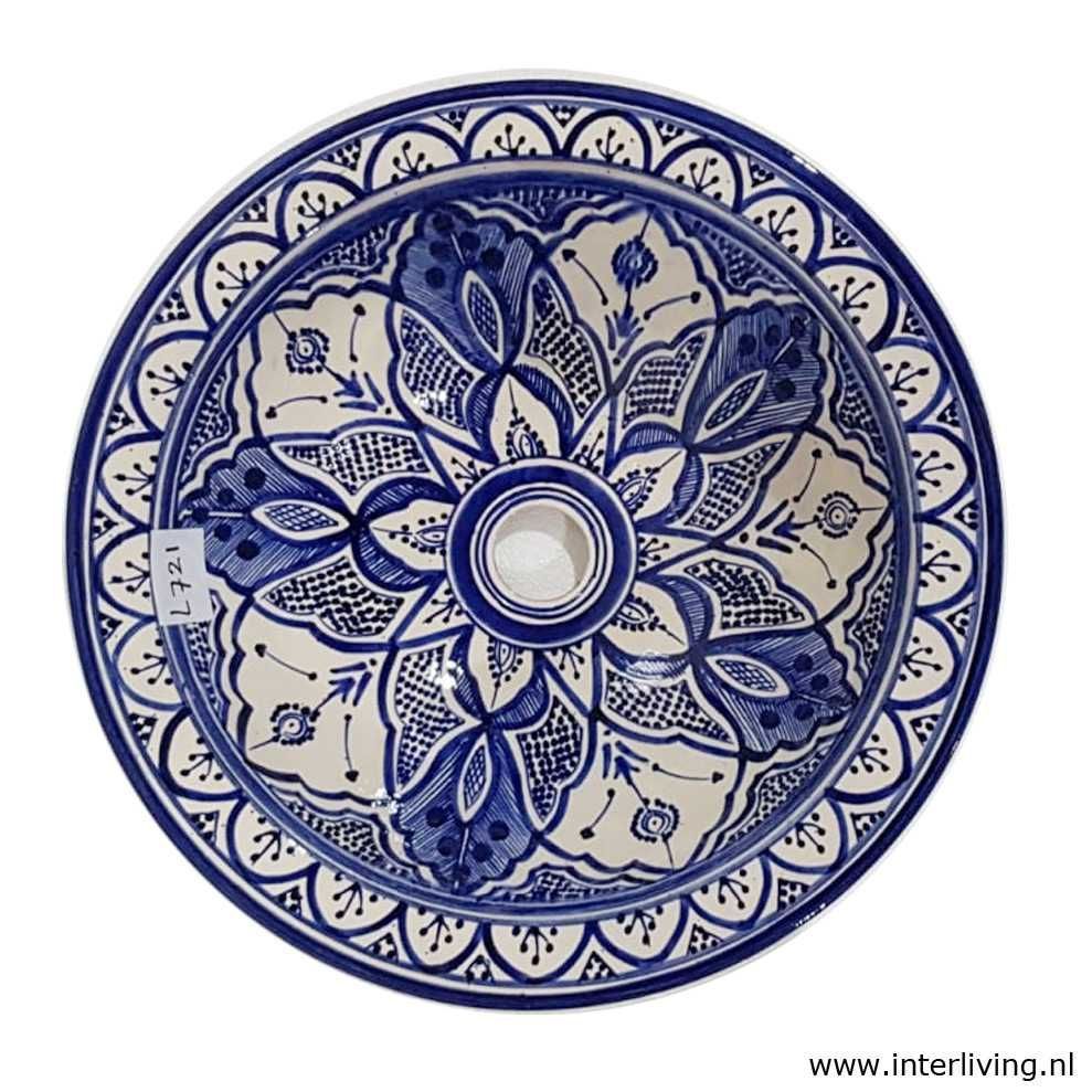 Marokkaanse waskom met wit blauwe kleurstelling - royal delft mandala style  (nr L721) - aardewerk (opbouw) wasbak uit Fez - Ø 40 cm