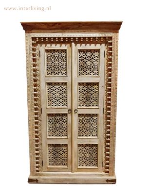 Kast XL -  kledingkast - naturel massief mango hout - Jodhpur houtsnijwerk paneeldeuren uit Rajasthan India - hoog model -190*110*60 cm met roede en planken