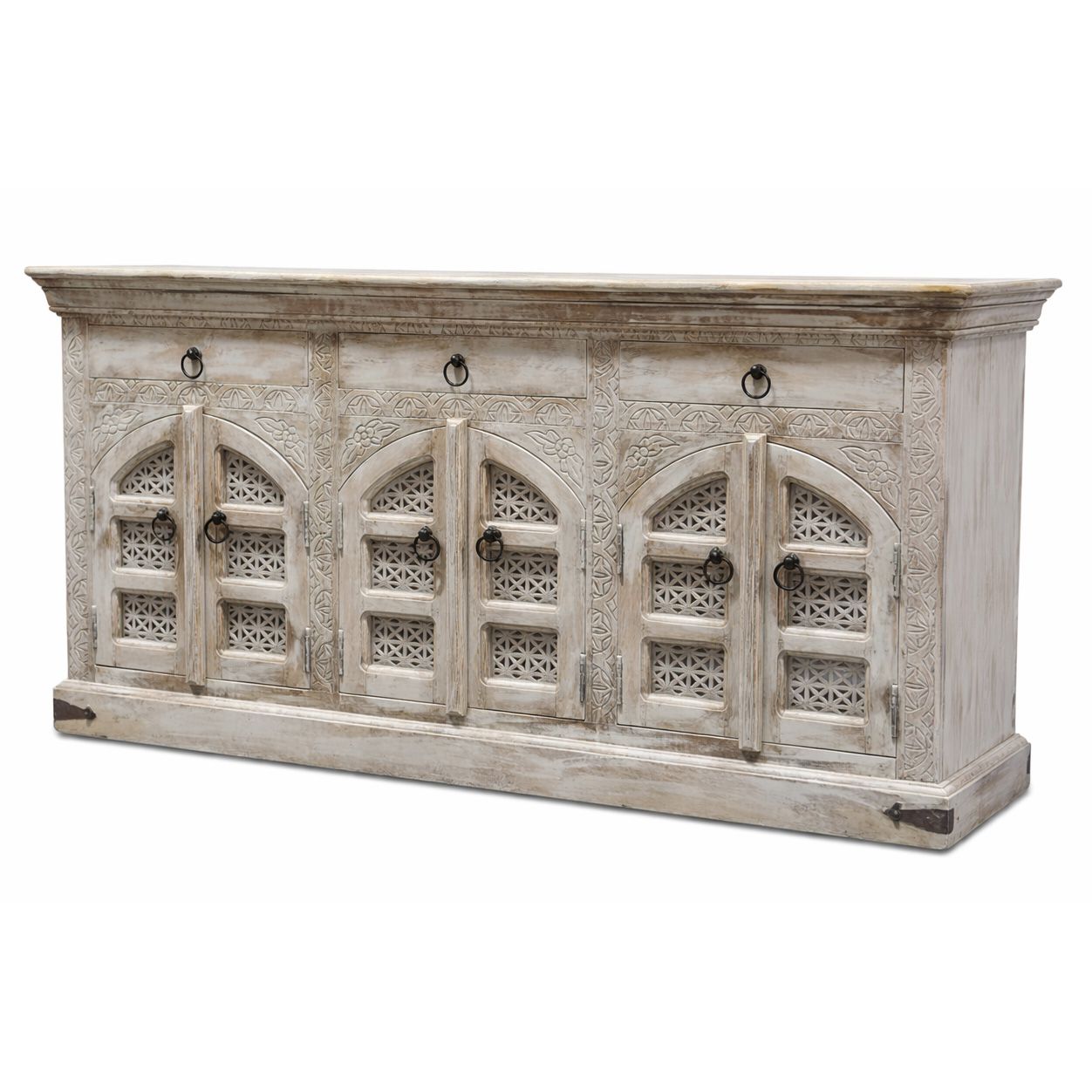 Dressoir met drie laden en met houtsnijwerk "Ganesha" uit India - 150x76x40 cm