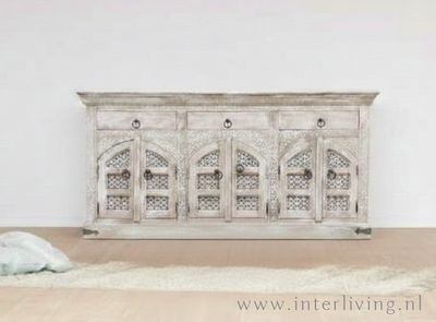 Dressoir met drie laden en met houtsnijwerk "Ganesha" uit India - 150x76x40 cm