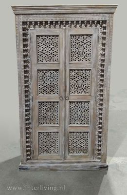 Massief mango houten kast Jodhpur - ibiza washed met houtsnijwerk uit India - hoog model -190*110*40 cm