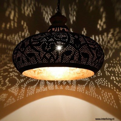 Industriële lamp in filigrain design, metaal mat zwart & verweerd goud met hout afwerking