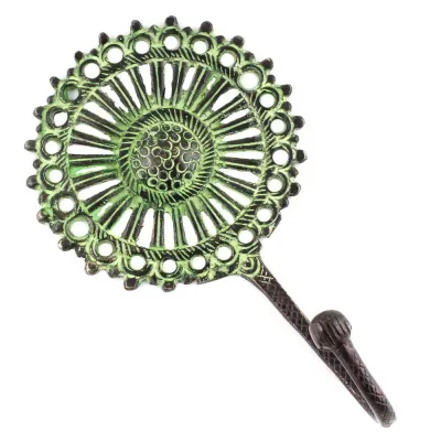 Haak van messing - finish groen / vintage - zonnebloem - voor aan de muur