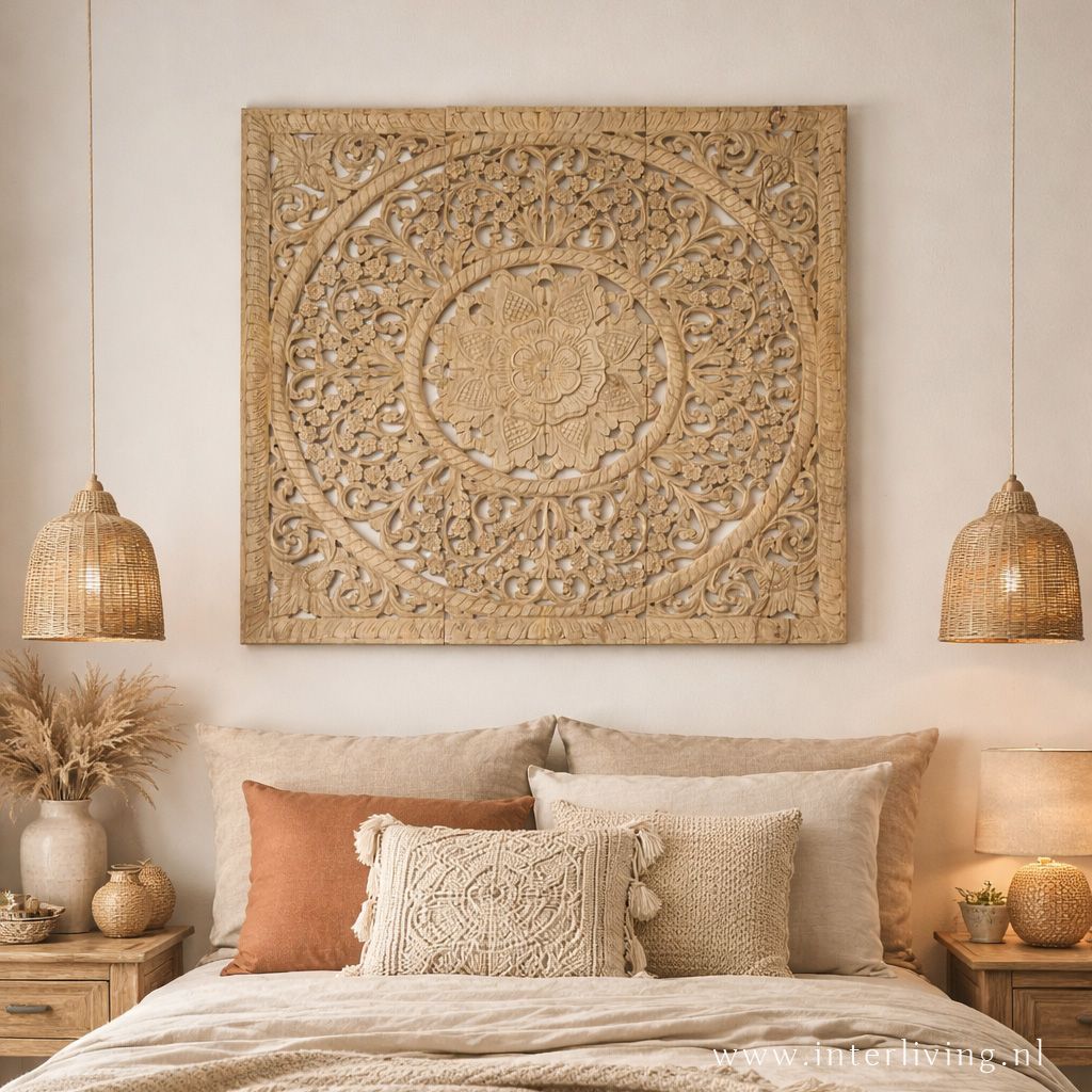 groot lotus muurpaneel 140 cm doorsnede - 3 cm dik massief mangohout  - mandala houtsnijwerk - muurdecoratie van 3 houten panelen handgemaakt