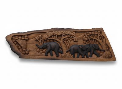 Olifanten wand paneel van houtsnijwerk: ornament voor aan de muur ter decoratie - naturel met zwart Olifanten wand paneel van houtsnijwerk: ornament voor aan de muur ter decoratie - naturel met zwart