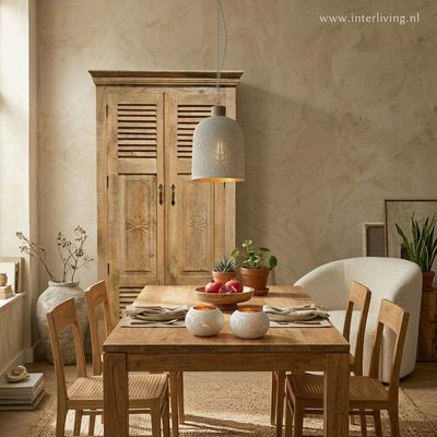 strakke hanglamp met oosterse touch "Bell" - filigrain design - wit mat metaal & verweerd goud met hout afwerking