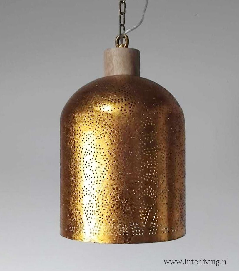 strakke hanglamp met oosterse touch "Bell" - filigrain design - verweerd goud met hout afwerking