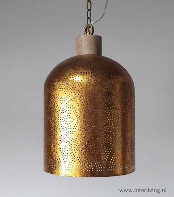 strakke hanglamp met oosterse touch strakke hanglamp met oosterse touch "Bell" - filigrain design - verweerd goud met hout afwerking
