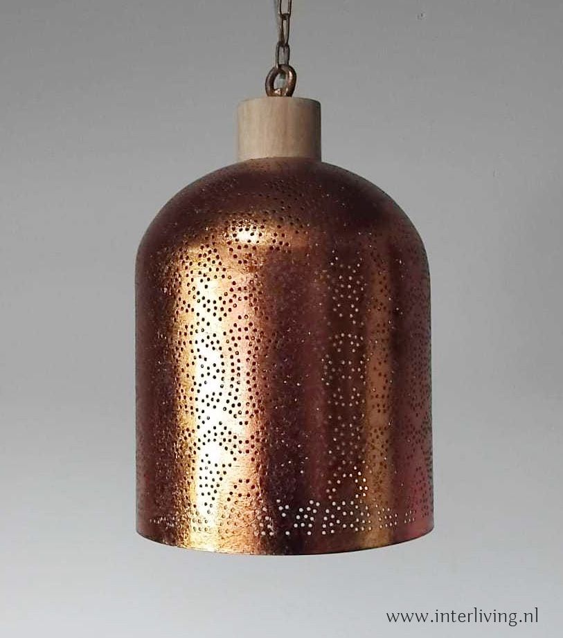 strakke hanglamp met oosterse touch "Bell" - filigrain design - verweerd koper met hout afwerking