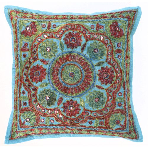 sierkussen met borduurwerk &amp; spiegeltjes turquoise met bordeau rood