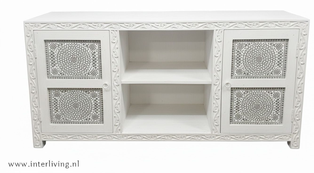 TV kast van mangohout - 150x76x40 cm - white wash met houtsnijwerk en transparant glasmozaiek