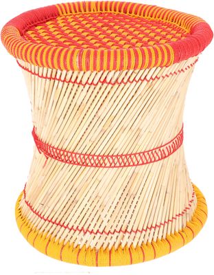 Rond grafisch poefje  / kruk van bamboe - gevlochten touw deksel met opbergruimte - oranje/geel - 38x40x40 cm