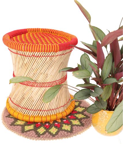 Rond grafisch poefje  / kruk van bamboe - opbergruimte - naturel oranje/geel