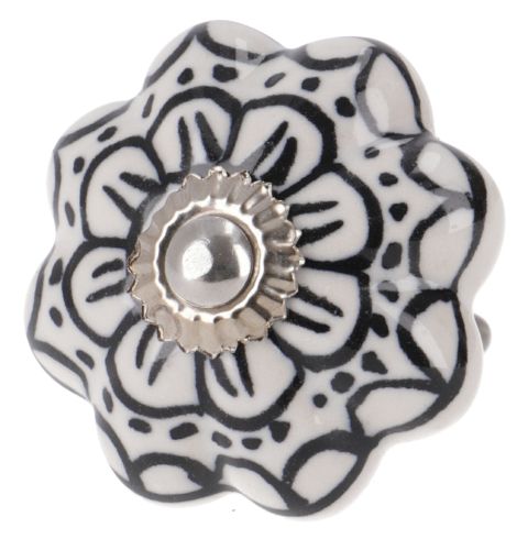 Decoratieve deurknop van keramiek - zwart met wit - bloemvormig
