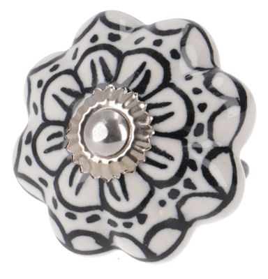 Decoratieve deurknop van keramiek - zwart met wit - bloemvormig
