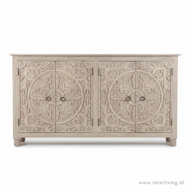 Dressoir XL onbehandeld mangohout met lotus houtsnijwerk 180 x 100 x 40 cm