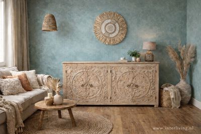 Dressoir XL onbehandeld mangohout met lotus houtsnijwerk 180 x 100 x 40 cm