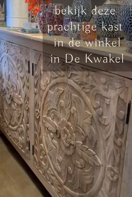 Dressoir XL onbehandeld mangohout met lotus houtsnijwerk 180 x 100 x 40 cm