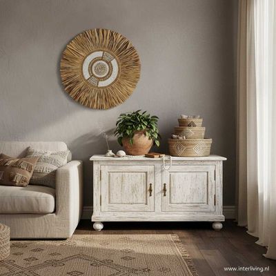 ronde wanddecoratie van naturel raffia gras cirkel met kralen &amp; witte schelpen - Ibiza Bali Dreams - Boho decor