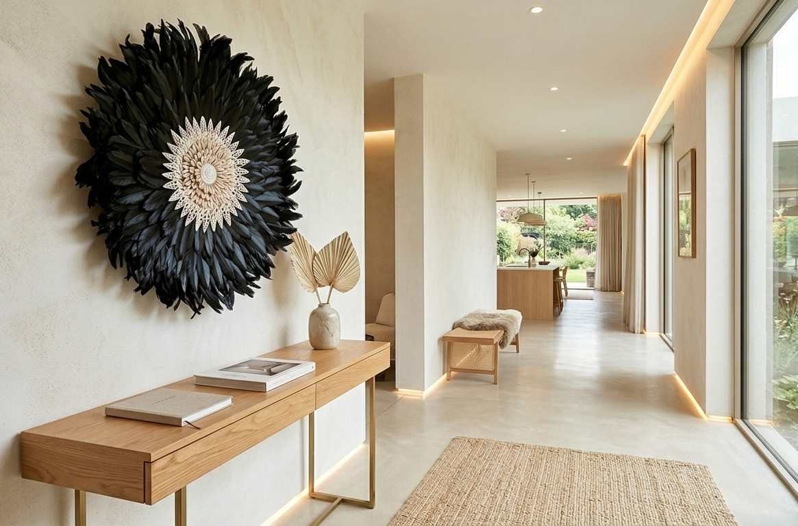 ronde zwart veren decoratie - cirkel met kralen & witte schelpen - Nordic Boho Bali Dreams Boho muur of wandhanger