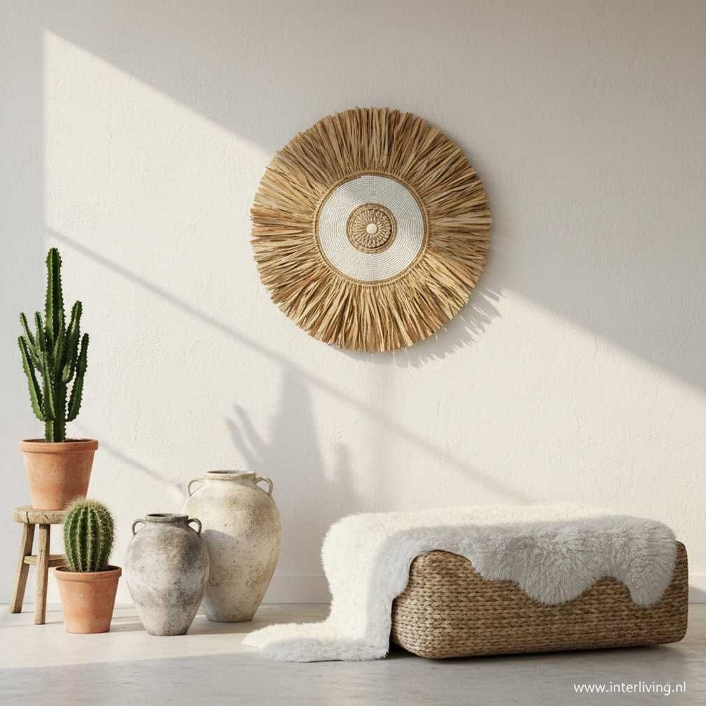ronde wanddecoratie van naturel raffia gras - witte cirkel met kralen &amp; schelpen - Ibiza Bali Dreams - Boho decor