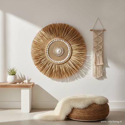 ronde wanddecoratie van naturel raffia gras in bloem patroon met kralen & verschillende witte schelpen - Ibiza Bali Dreams - Boho decor