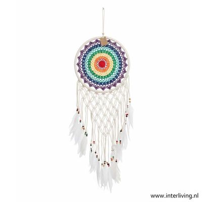 dromenvanger regenboog met witte veertjes en kralen - macramé gehaakt - 88 x 30 cm
