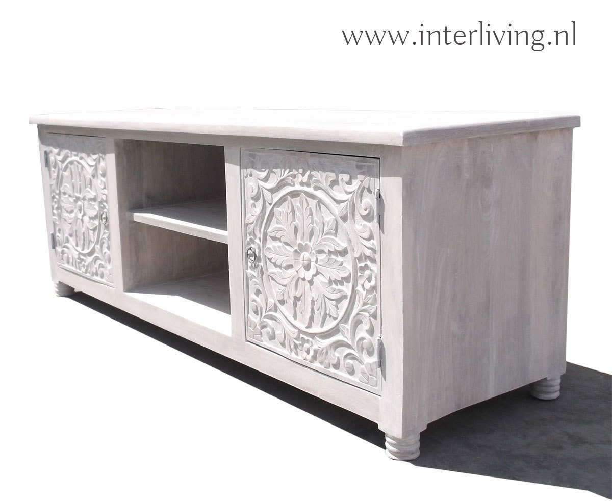 TV kast white washed met lotus houtsnijwerk 150*55*45 cm