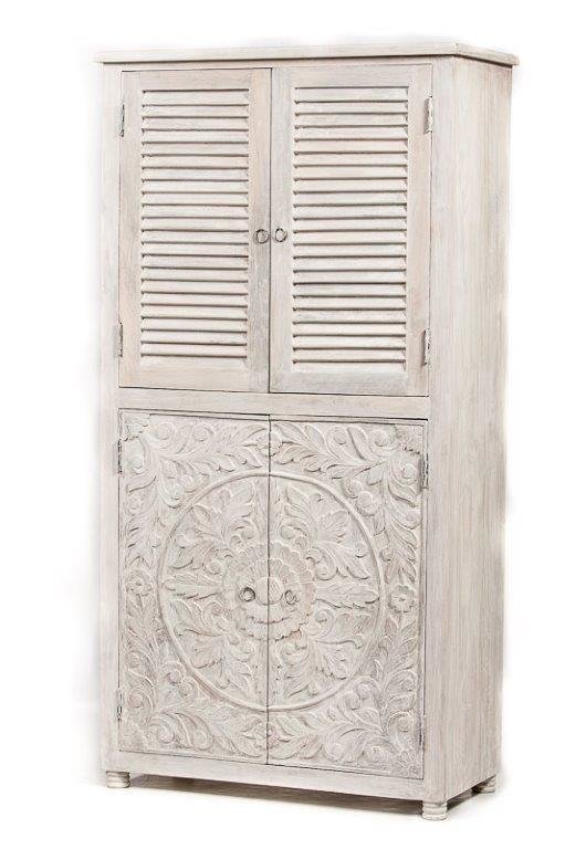 oosterse buffet of vitrine kast uit India van mangohout - white washed - met lotus houtsnijwerk en lamellen