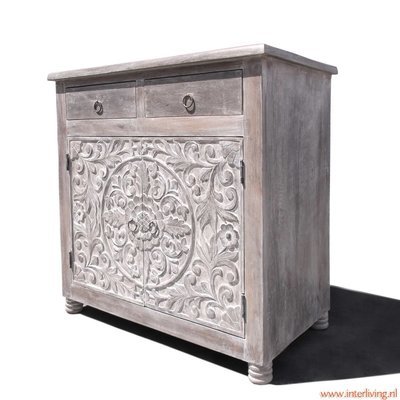 Dressoir antique washed met lotus houtsnijwerk 76 x 76 x 40 cm Dressoir antique washed met lotus houtsnijwerk 76 x 76 x 40 cm