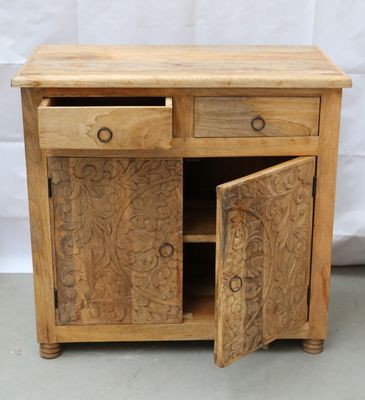Dressoir unfinished mangohout met lotus houtsnijwerk 76 x 76 x 40 cm met twee lades