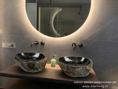 Waskom twin set van natuursteen – "river stone"  grijs