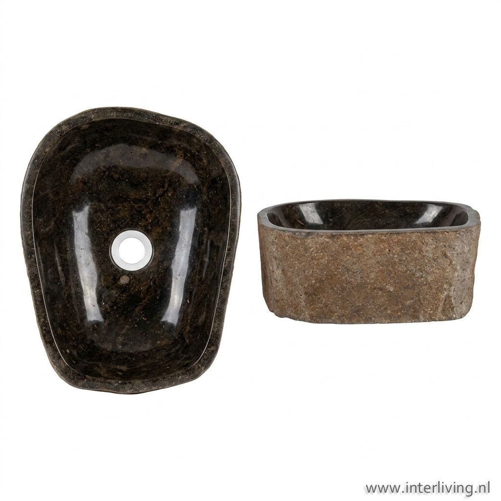 Waskom twin set van natuursteen – "river stone"  grijs