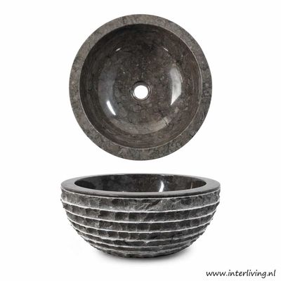 Waskom rond - grijs antraciet ribbel marmer - natuursteen  - 40 cm