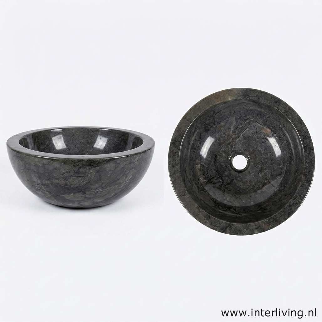 Waskom van zwart / grijs marmer - natuursteen  - 40 cm