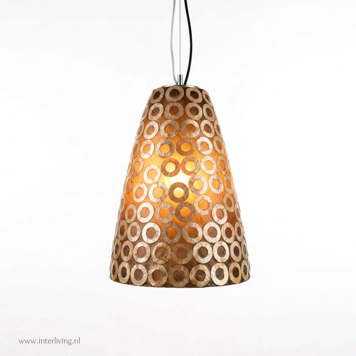retro 70's hanglamp XL "Mother of Pearl" met vintage pop kringen patroon - zwart wit  in mozaïek design - hoog 60 cm /  Ø 39 cm - unieke mid-century modern sfeerverlichting