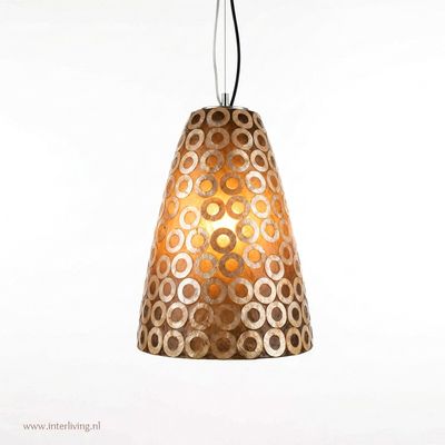 retro 70's hanglamp XL "Mother of Pearl" met vintage pop kringen patroon - zwart wit  in mozaïek design - hoog 60 cm /  Ø 39 cm - unieke mid-century modern sfeerverlichting