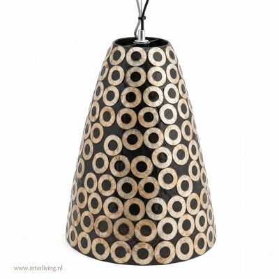 retro 70's hanglamp XL "Mother of Pearl" met vintage pop kringen patroon - zwart wit  in mozaïek design - hoog 60 cm /  Ø 39 cm - unieke mid-century modern sfeerverlichting