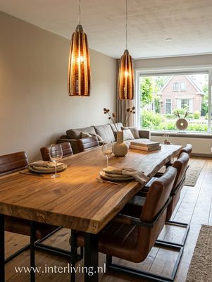 retro lamp jaren '70 - 40 cm lange langwerpige hanglamp met vintage  verticale strepen -bruin met beige - mozaïek patronen