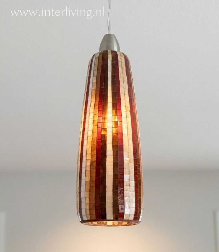 retro lamp jaren '70 - 40 cm lange langwerpige hanglamp met vintage  verticale strepen -bruin met beige - mozaïek patronen