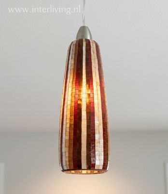 retro lamp jaren '70 - 40 cm lange langwerpige hanglamp met vintage  verticale strepen -bruin met beige - mozaïek patronen