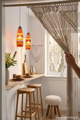 retro lamp jaren '70 - 40 cm lange langwerpige hanglamp met vintage  verticale strepen - amber - kleurrijke steentjes mozaïek patronen