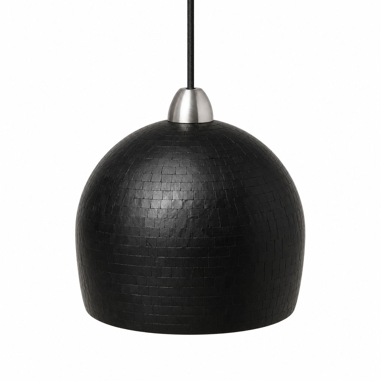zwarte retro lamp jaren '70 - hanglamp met zwarte steentjes mozaïek patronen - hoog 30 cm /  Ø 30 cm - unieke sfeerverlichting