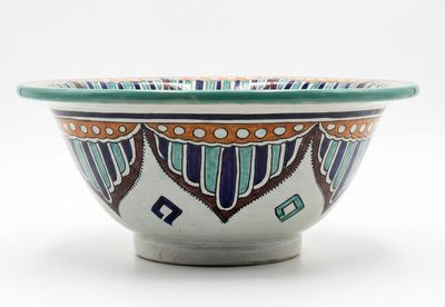 Marokkaanse waskom - kleurrijk: rood/groen/aqua patroon - "L323" - aardewerk (opbouw) wasbak uit Fez - Ø 40 cm