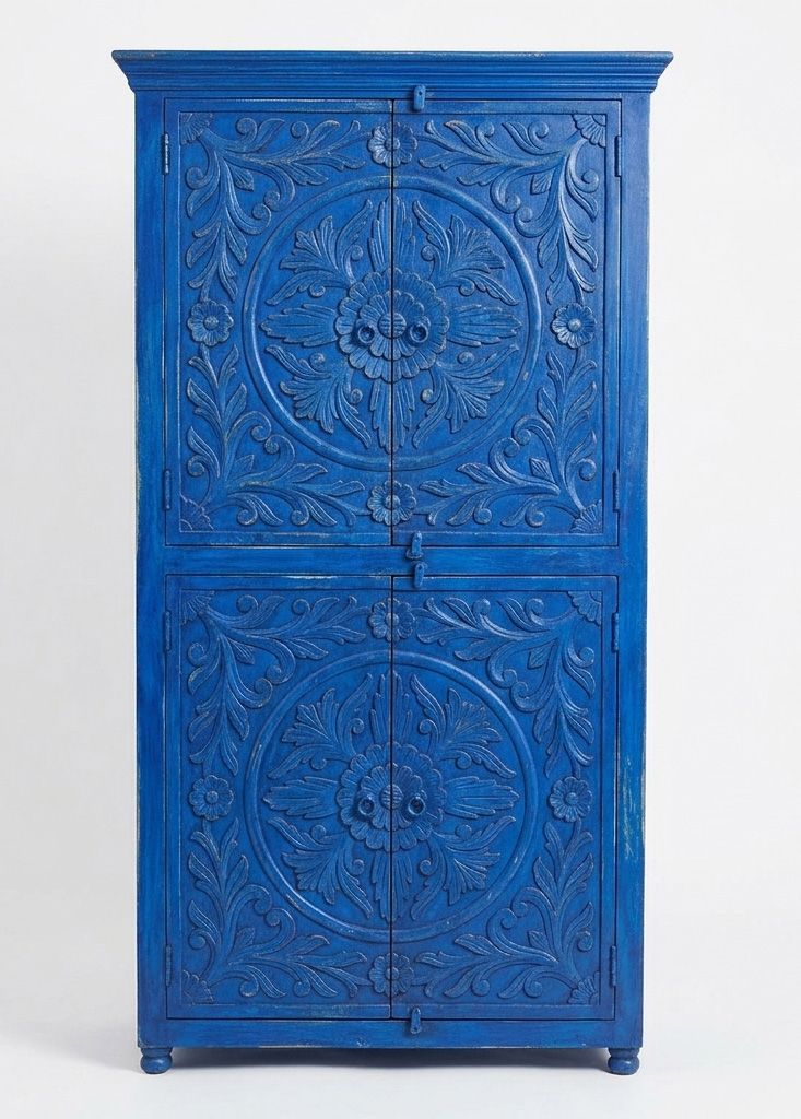 oosterse buffet kast hoog model - deep blue met lotus houtsnijwerk & 4 deuren oosterse buffet kast hoog model - deep blue met lotus houtsnijwerk & 4 deuren