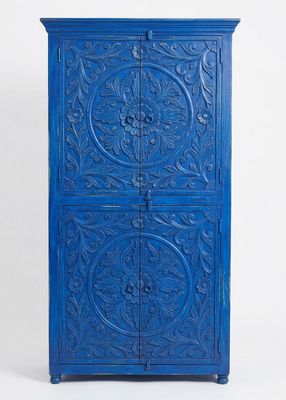 oosterse buffet kast hoog model - deep blue met lotus houtsnijwerk & 4 deuren