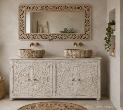 Dressoir white washed mangohout met lotus houtsnijwerk 200 x 80 x 40 cm