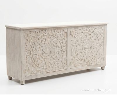 Dressoir white washed mangohout met lotus houtsnijwerk 200 x 80 x 40 cm