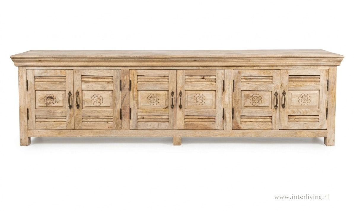 Ibiza dressoir / TV kast XL - sunflower - naturel mangohout - shutters met houtsnijwerk 200*56*40 cm Ibiza dressoir / TV kast XL - sunflower - naturel mangohout - shutters met houtsnijwerk 200*56*40 cm